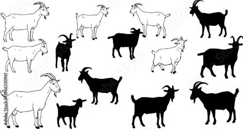 Black and White Goat Illustrations: Collection of Farm Animals in Outline and Silhouette Styles, Featuring Adult Goats and Kids