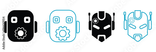 AI Robot Head with Gear Icon Set – Automation Bot Outline and Solid Vector Illustration