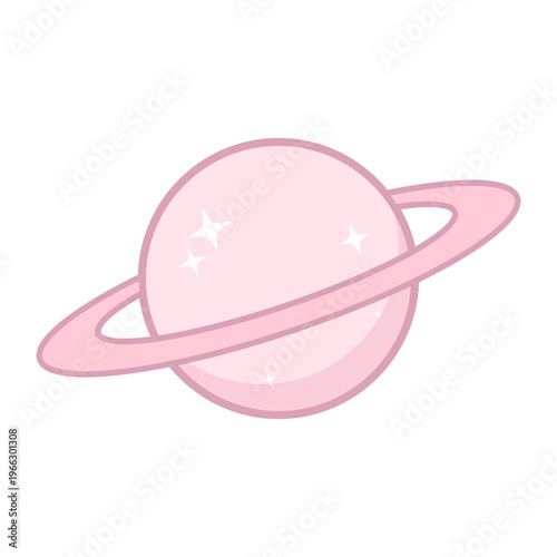 Adorable Pastel Pink Planet with Sparkling Rings - Whimsical Cosmic Illustration for Cute Space and Galaxy Themes