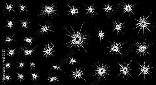 Collection of Cracked Glass Bullet Hole Effects on Black Background, Shattered Window and Screen Damage Elements Vector Set