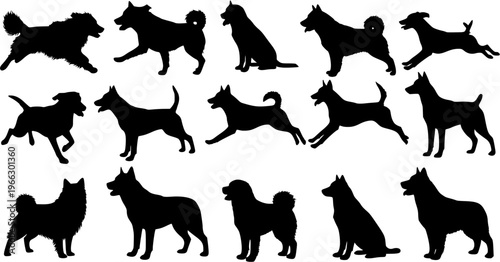 Foto Black dog silhouettes set: diverse breeds in running, sitting, and walking poses