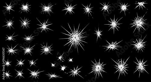 Vector set of white shattered glass cracks, starbursts, and breaking screen effects on a black background, perfect for overlays and textures.