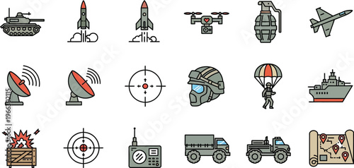 Military equipment icons a comprehensive collection of warfare and defense related illustrations