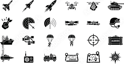 Military icons and symbols a collection of warfare and defense related black silhouette illustrations