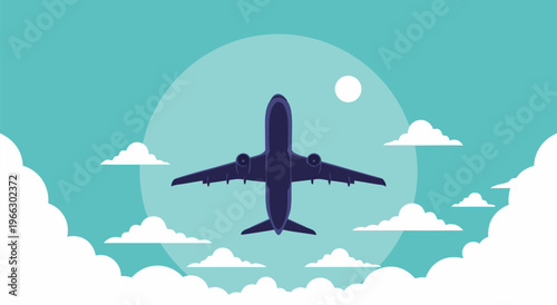 Airliner taking off into the sky, vector illustration of a commercial airplane flying over clouds with a sun in the background