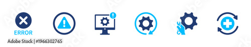 Collection of solid icons representing error handling system including warning, debugging, system issues, and troubleshooting process. Suitable for web and app UI design