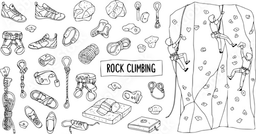 Rock Climbing Gear and Equipment Doodle Set with Climbers on Wall - Line Art Vector Illustration