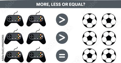 More less or equal mathematical worksheet for kids featuring game controllers and soccer balls.