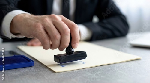 Close-up of a hand in a suit stamping a document with a blue ink stamp in an office setting.
