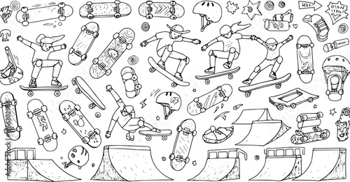 Skateboard Doodle: Skateboarding Scene with Skaters, Skateboards, Ramps, Helmets, and Accessories - Hand Drawn Vector Illustration