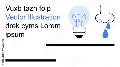 Creativity, health, innovation, problem-solving, abstract concepts, graphic design. Minimalist layout with a lightbulb, nose with droplet and arbitrary text. Creativity and health-related concept
