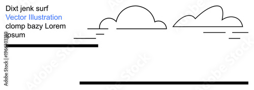 Weather symbols, abstract design, cloud storage, communication, minimalism, graphic art. Two outlined clouds above horizontal lines and stylized text. Weather symbols and abstract design concepts