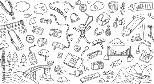 Black and white hand-drawn doodle set illustrating adventure, travel, and outdoor activities with bungee jumping, mountains, and sports equipment.