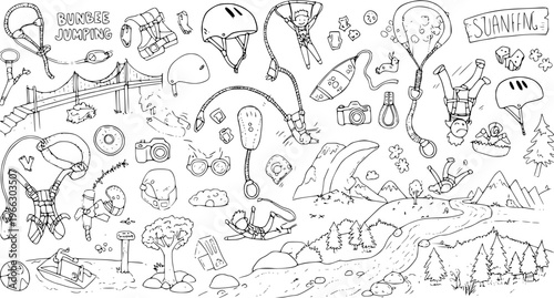 Bungee Jumping Adventure: Doodle Style Line Art Illustration