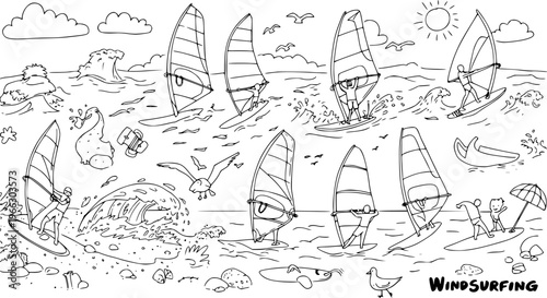 Black and White Windsurfing Scene Coloring Page with Ocean Waves, Surfers, Sails, Beach Elements, Sun, and Animals - Summer Sport Activity Outline