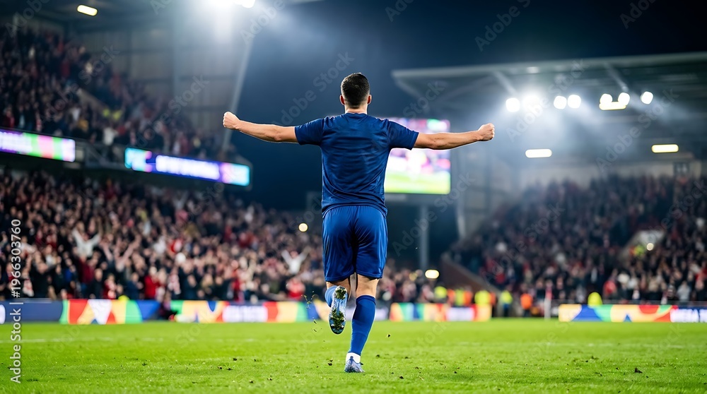 Naklejka premium Soccer player celebrating goal under stadium lights with crowd