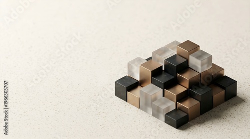 Luxury Geometric Cubes Pyramid made of Brass, Black Stone, Glass