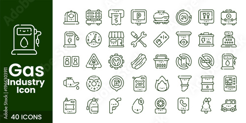 Gas and Oil Industry Icon Set with Fuel, Refinery, Pipeline, and Industrial Energy Vector Collection