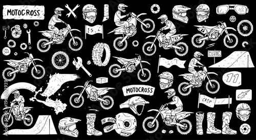 Detailed hand-drawn motocross doodle vector illustration collection, featuring bikes, riders, helmets, parts, and track elements on a black background.