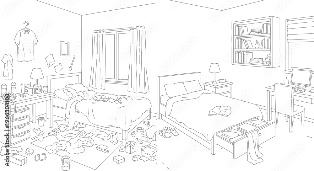 Fototapeta premium Messy versus clean bedroom comparison vector, before and after room organization line art, cluttered and tidy interior living space illustration