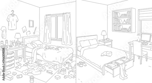 Messy versus clean bedroom comparison vector, before and after room organization line art, cluttered and tidy interior living space illustration
