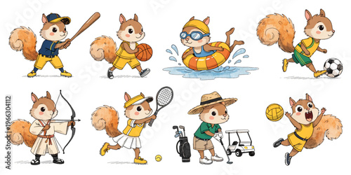 Set of funny cartoon Squirrel cute animals in playful sports vector style featuring smiling characters for kids toy illustration collection