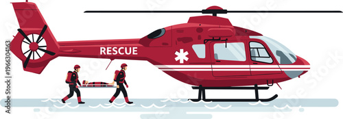 Rescue helicopter emergency medical team carrying injured patient on stretcher, air ambulance rescue service vector illustration