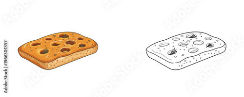 Fresh focaccia bread cartoon illustrations in golden brown colored and black line styles for bakery, italian cuisine, cooking or food menu design representation isolated on white background