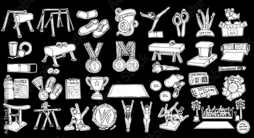 Comprehensive set of hand-drawn gymnastics essentials: pommel horse, parallel bars, vault, balance beam, uneven bars, medals, trophies, gymnasts, chalk, and scoreboards for competition.