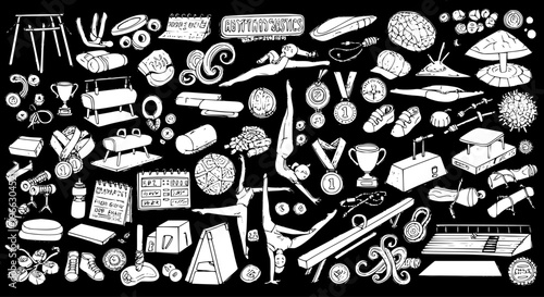 Detailed black and white doodle illustration of gymnastics equipment, apparatus, medals, trophies, and gymnasts in various poses, representing the sport.