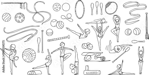 Rhythmic Gymnastics Doodle Set. Hand-drawn collection of gymnasts in various poses, along with apparatus like ribbons, balls, hoops, clubs, and ropes. Sports equipment.