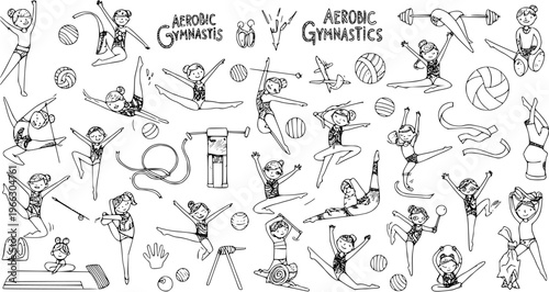 Hand-Drawn Aerobic Gymnastics Outline Art: Collection of Girl Gymnasts, Balls, Ribbons, Hoops, Clubs. Doodle Set for Sports, Fitness  Exercise Themes.