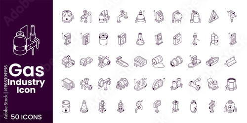 Gas and Oil Industry Icon Set with Fuel, Refinery, Pipeline, and Industrial Energy Vector Collection