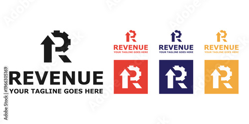 revenue logo template, letter R logo design, business logo with arrow and gear icon making letter R. Financial Success Logo, Business Consulting Logo Design
