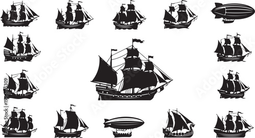Vintage Ships and Blimps Silhouette Set on White Background
