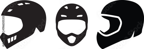 Full Face Motocross Helmet Side and Front View Flat Vector Icons for Protective Gear Design