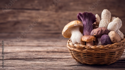 Fresh Gourmet Mushrooms in Woven Basket on Rustic Wood Background