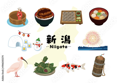 新潟県の観光・グルメ・文化アイコンセット（長岡花火・へぎそば・日本酒・雪・郷土料理）