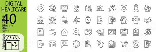 Digital Healtcare icon set. Editable stroke.
