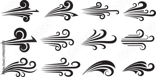 Collection of black swirling abstract design elements and arrows