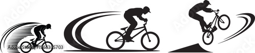 Set of dynamic mountain bike rider silhouettes in action vector illustration for sports design