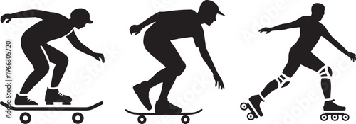 Set of extreme sports silhouettes featuring people skateboarding and rollerblading in motion