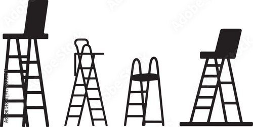 Set of Four Lifeguard Chairs for Beach Safety Surveillance Vector Illustration Line Art Design