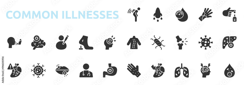 Obraz premium Common Illnesses icon set glyph style with backache, sinusitis, hypertension, rash, diabetes, scoliosis, e coli, osteoporosis icons
