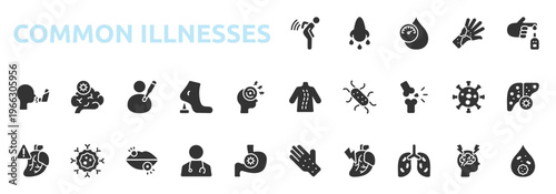 Common Illnesses icon set glyph style with backache, sinusitis, hypertension, rash, diabetes, scoliosis, e coli, osteoporosis icons