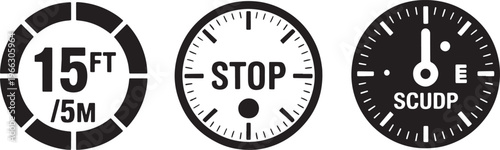 Set of three circular vintage industrial gauge instrument dials with numerical and text scales