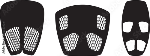 Set of Three Geometric Abstract Masks with Ornate Tribal Patterns and Stylized Detailed Element