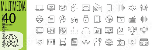 Multimedia icon set. Editable stroke.