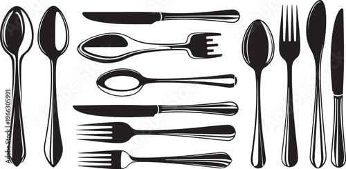 Collection of various cutlery items on white background illustration