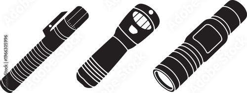 Set of three portable handheld LED flashlights or tactical torches vector graphic illustration